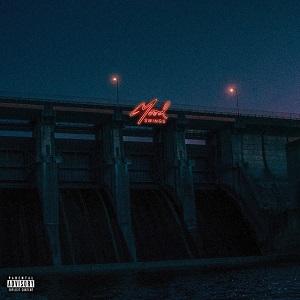 Mood Swings album cover. Darkened skyline over an industrial dam, with the words Mood Swings centered in the frame in neon red lighting